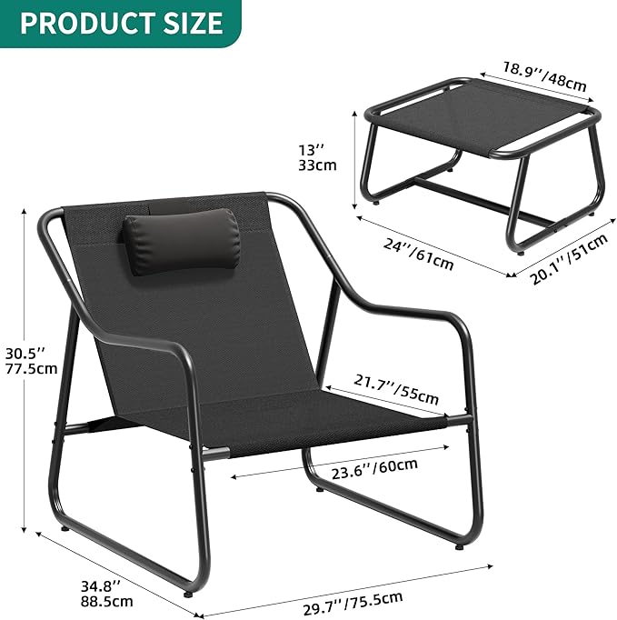YITAHOME Patio Lounge Chair with Ottoman, Oversized Papasan Chair, Versatile Indoor/Outdoor Textilene Lounge with Metal Handrail and Footstool, Ideal for Living Room, Porch, Backyard or Garden