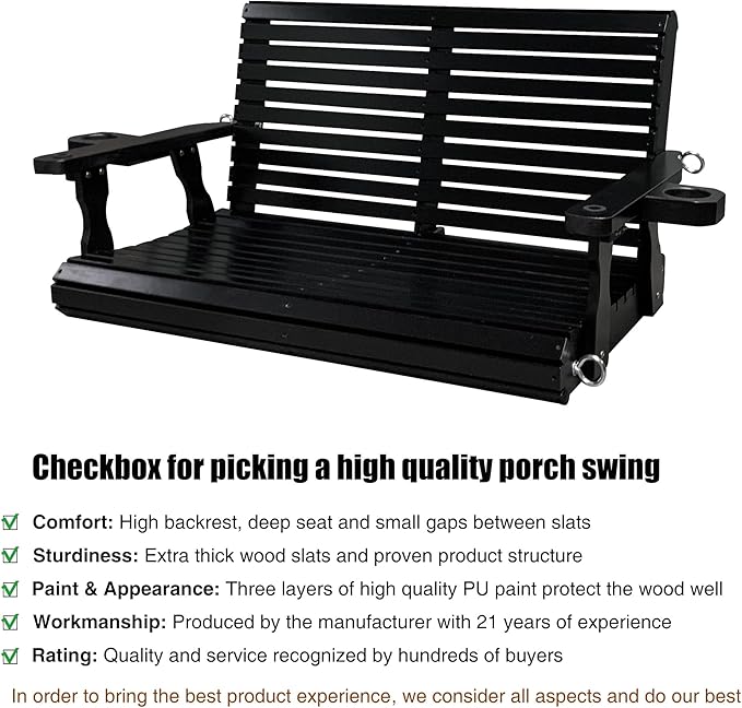 Wooden Porch Swing 2-Seater, High Backrest and Deep Seat, Bench Swing with Cupholders, Hanging Chains and 7mm Springs - Photo 3