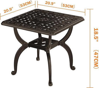 Square Outdoor Coffee Table, Cast Aluminum Side Table with Storage,Indoor End Table, All-Weather Bistro Table for Patio Garden Lawn,Bronze