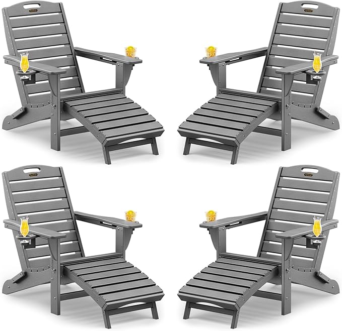 Folding Adirondack Chairs Set of 4,Adirondack Chair with Retractable Ottoman,Plastic Adirondack Chairs with 2 Cup Holder,Weather Resistant Patio Chair,Outdoor Chairs Set of 4(Grey)
