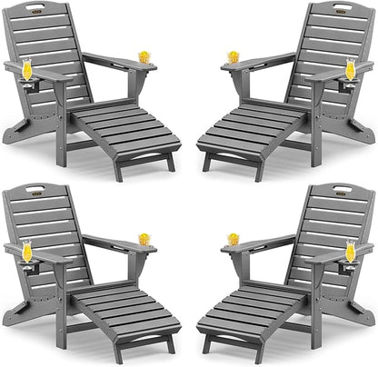 Folding Adirondack Chairs Set of 4,Adirondack Chair with Retractable Ottoman,Plastic Adirondack Chairs with 2 Cup Holder,Weather Resistant Patio Chair,Outdoor Chairs Set of 4(Grey)