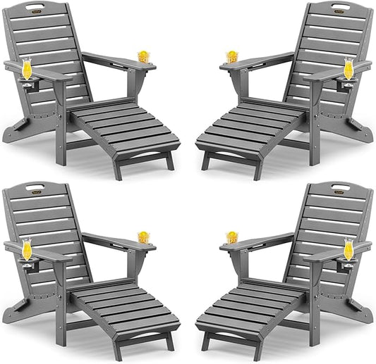 Folding Adirondack Chairs Set of 4,Adirondack Chair with Retractable Ottoman,Plastic Adirondack Chairs with 2 Cup Holder,Weather Resistant Patio Chair,Outdoor Chairs Set of 4(Grey)