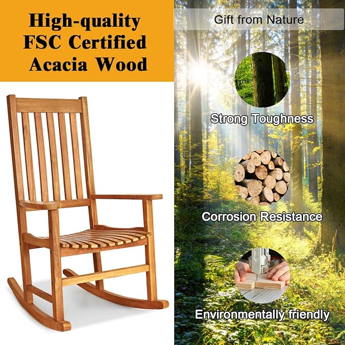 LDAILY Moccha Outdoor Rocking Chair, Acacia Wood Frame, Porch Rocker for Garden, Lawn, Balcony, Backyard and Patio (1, Natural)