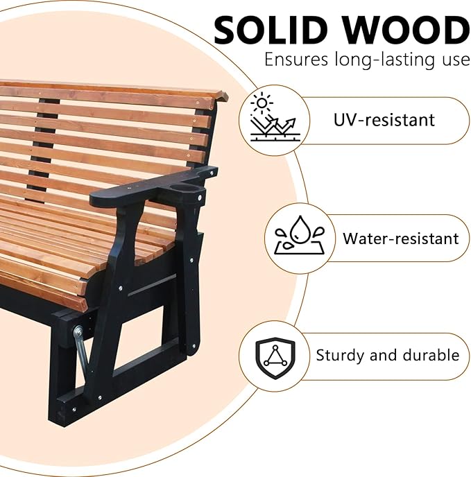 3-Seater Outdoor Glider Chair, 5FT Wood Porch Glider with High Roll Back, Cupholders and Deep Contoured for Porch, Garden, Brown and Dark Grey