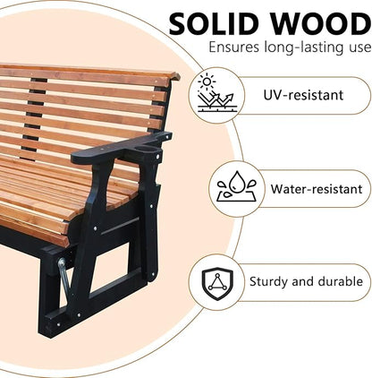 3-Seater Outdoor Glider Chair, 5FT Wood Porch Glider with High Roll Back, Cupholders and Deep Contoured for Porch, Garden, Brown and Dark Grey