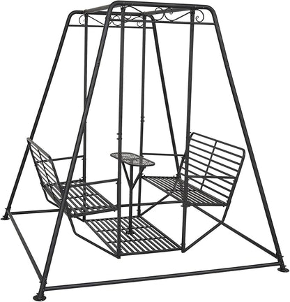 kinbor 4-Seat Patio Swing Chair - Patio Swing Chair with Stand, Heavy Duty Metal Frame Outdoor Swing Chair Sets with Backrest ＆ Table for Porch, Poolside, Garden, Backyard (Black, 6.92FT)