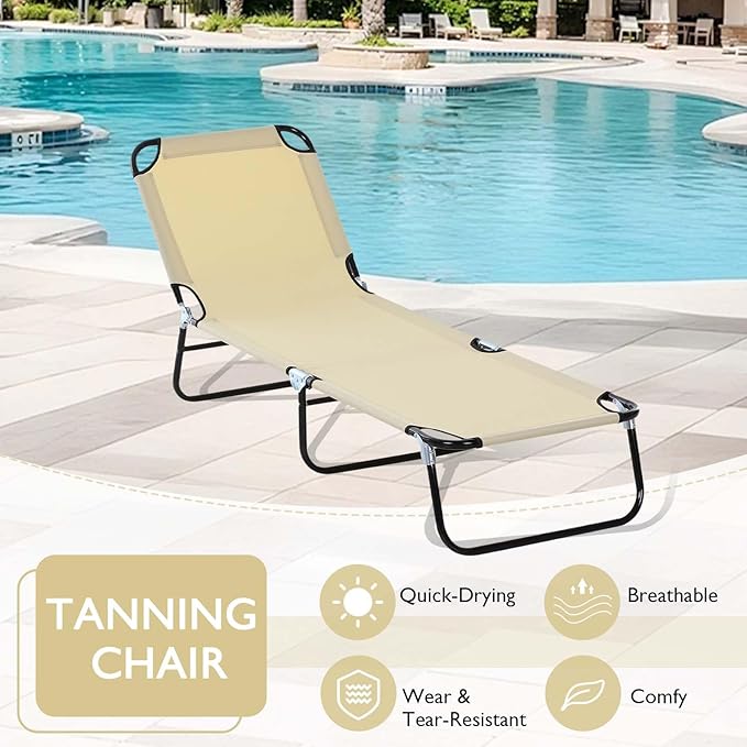 3-in-1 Heavy Duty Tanning Chair with Face Hole Adjustable 5-Position Folding Chaise Lounge Chairs Portable Lay Flat Beach Lounge Chair for Outdoor Sunbathing Patio Pool Lawn Camping Deck (Beige)