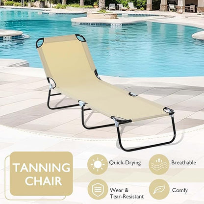 3-in-1 Heavy Duty Tanning Chair with Face Hole Adjustable 5-Position Folding Chaise Lounge Chairs Portable Lay Flat Beach Lounge Chair for Outdoor Sunbathing Patio Pool Lawn Camping Deck (Beige)