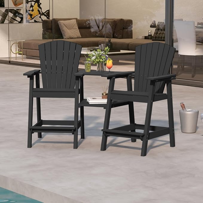 Black HDPE Tall Adirondack Chair Set of 2 with Beige 9FT Patio Umbrella, All-Weather Outdoor Bar Height Chairs with Trays & Umbrella Hole for Garden, Balcony, Lawn