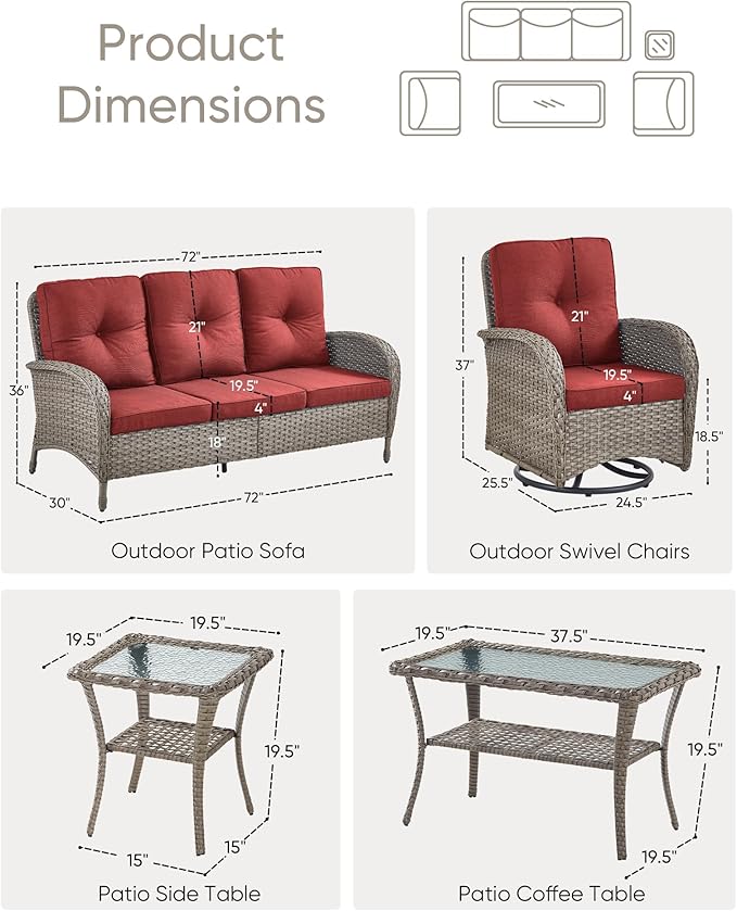 5 Pieces Wicker Patio Furniture Set-Outdoor Swivel Rocker Patio Chairs Patio Sofa Set with Tempered Glass Top Outdoor - Photo 2