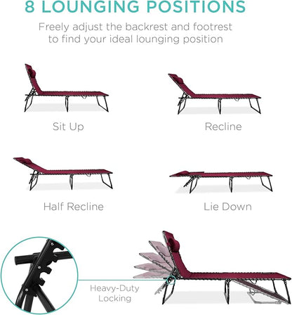 Best Choice Products Patio Chaise Lounge Chair, Portable Outdoor Folding Recliner for Lawn, w/ 8 Positions, Handles, 300lb Capacity - Wine Red