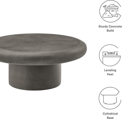 Modway Argos Round Concrete Coffee Table in Gray - Cement Low Coffee Table for Sitting on The Floor - Weather Resistant Stone Patio Coffee Table - Indoor Outdoor 34 Inch Center Table