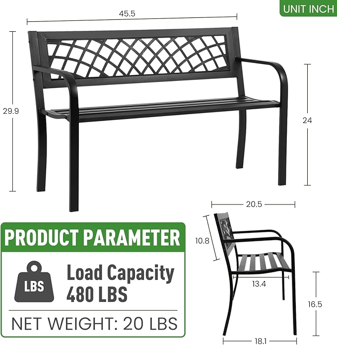 Outdoor Garden Bench, Iron Steel Frame Patio Bench with Mesh Pattern and Plastic Backrest Armrests, Outdoor Bench for Garden, Park, Yard, Front Porch, Black