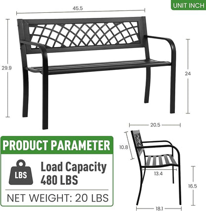 Outdoor Garden Bench, Iron Steel Frame Patio Bench with Mesh Pattern and Plastic Backrest Armrests, Outdoor Bench for Garden, Park, Yard, Front Porch, Black