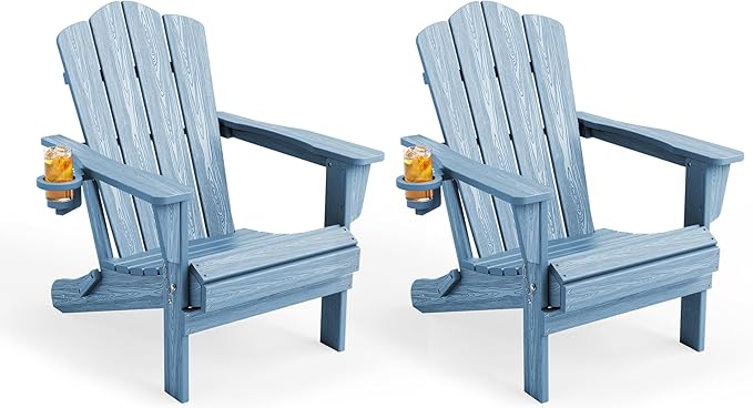 KINGYES Folding Adirondack Chair Set of 2, HDPE All-Weather Folding Adirondack Chair, Light Blue
