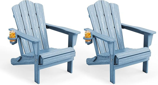 KINGYES Folding Adirondack Chair Set of 2, HDPE All-Weather Folding Adirondack Chair, Light Blue