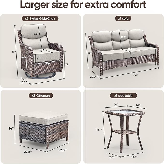 Swivel Patio Chairs sofa Set of 6 - 6" Thick Cushion - Wicker Outdoor Swivel Rocker Patio Chair ,Sofa/Glass coffee - Photo 2