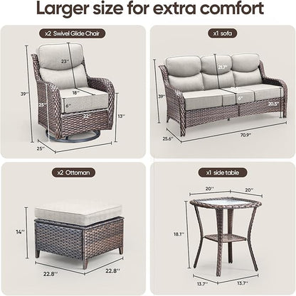 Swivel Patio Chairs sofa Set of 6 - 6" Thick Cushion - Wicker Outdoor Swivel Rocker Patio Chair ,Sofa/Glass coffee table, High Back Comfortable Outdoor Glider Chairs - Brown Wicker | Beige Cushions