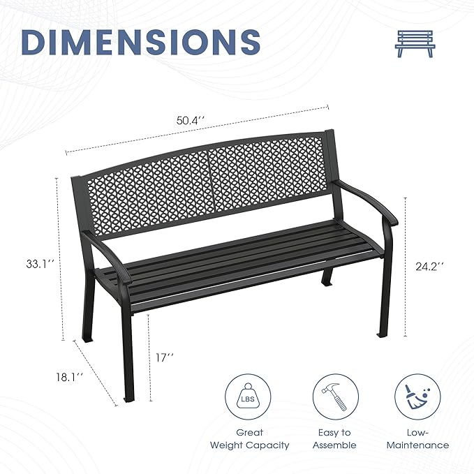 DIFY 50" Outdoor Bench Metal Garden Patio Furniture with Backrest & Slatted Seat for Porch, Park, Lawn, Black