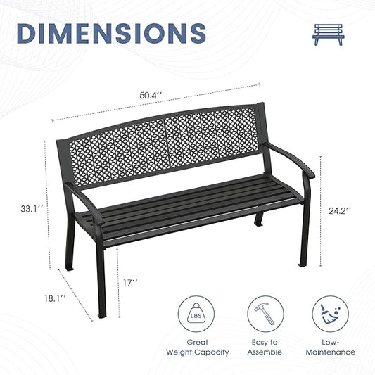 DIFY 50" Outdoor Bench Metal Garden Patio Furniture with Backrest & Slatted Seat for Porch, Park, Lawn, Black