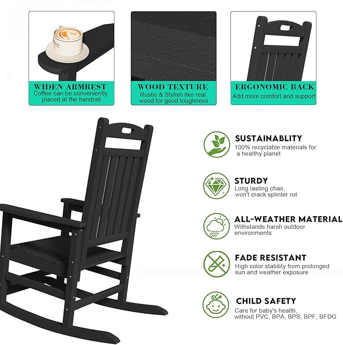 PLUUV Outdoor Rocking Chair, HDPE Patio Rocking Chairs with Footboard, All Weather Porch Rockers Outdoor for Adult, Effortless Installation, Black