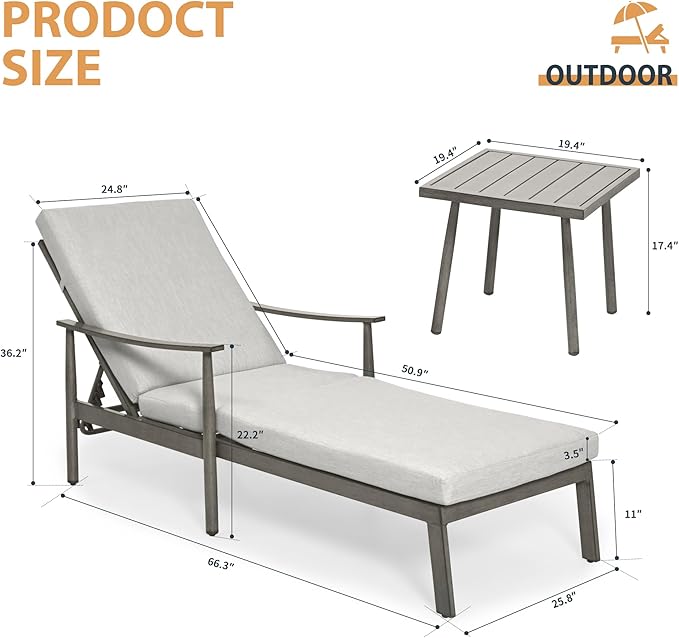 HAPPATIO Outdoor Chaise Lounge Set of 3, Aluminum Pool Chair with Adjustable Backrest and Cushion, Curved Armrest, Outdoor Lounge Chairs with Side Table for Beach, Yard, Poolside (Grey)