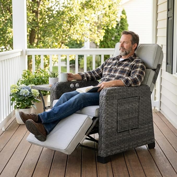 Restland Outdoor Recliner with Independent Adjustable Back & Footrest Wicker Patio Reclining Chair with Flip Table - Photo 3