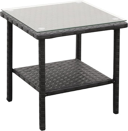 Rattaner Outdoor PE Wicker Rattan Side Table - Patio Rattan Garden Coffee End Square Table with Glass Top-2-layer Table Furniture, Black