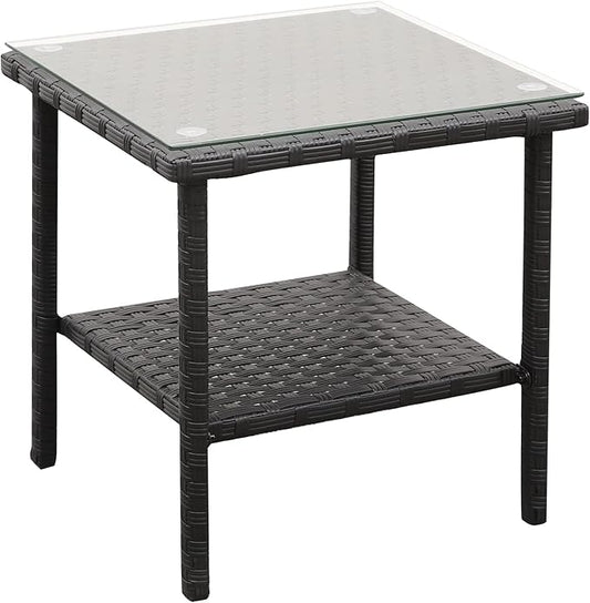 Rattaner Outdoor PE Wicker Rattan Side Table - Patio Rattan Garden Coffee End Square Table with Glass Top-2-layer Table Furniture, Black