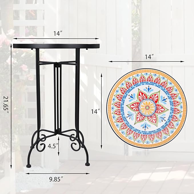 VCUTEKA Mosaic Outdoor Side Table, Round Rustproof Patio Tables with 14" Ceramic Tile Top, Indoor Porch Accent Table for Yard, Garden, Living Room, Bistro Balcony, Orange