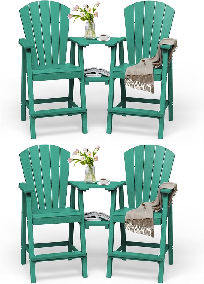 Tall Adirondack Chairs Set of 4, HDPE High Adirondack Chairs with Double Removable Trays, All Weather Outdoor Barstools for Patio, Balcony, Backyard, Deck and Garden, Lakeblue