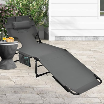 Goplus Tanning Chair, Folding Adjustable Patio Lounge Chair with Face Hole, Removable Pillow, 330LBS, Carry Strap, Outdoor Sunbathing Chair, Lightweight Portable Beach Lounge Chair, No Assembly