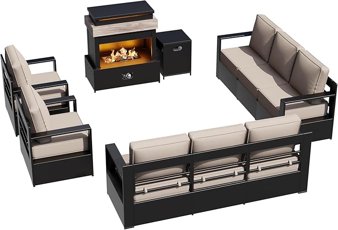 Outdoor Aluminum Furniture Set, 5-Piece Patio Conversation Set, 2 Swivel Chairs, 2 Sofa and 1 Fireplace - Photo 7