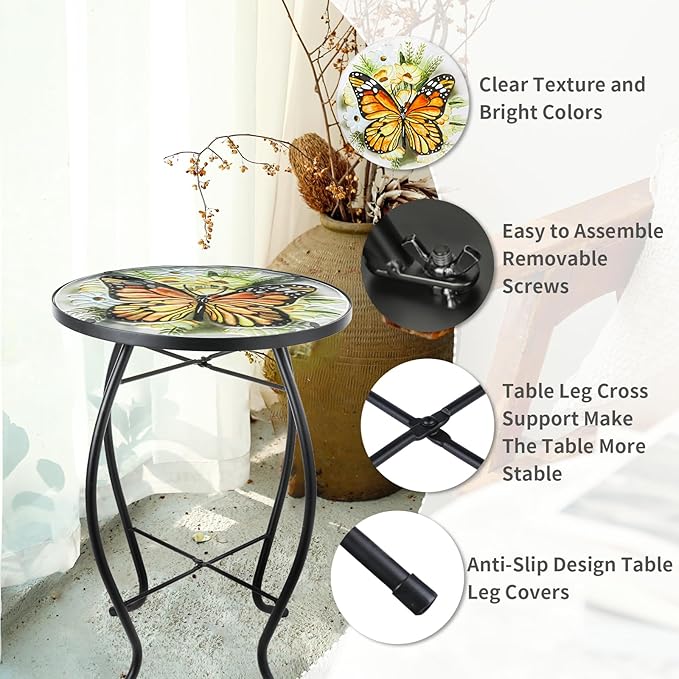 VCUTEKA Patio Side Table Outdoor Accent Table Small Mosaic Table Coffee Table End Table Porch Table Indoor Outdoor Round Glass Balcony Bistro Plant Stands Yellow Butterfly 14 inches