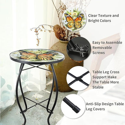 VCUTEKA Patio Side Table Outdoor Accent Table Small Mosaic Table Coffee Table End Table Porch Table Indoor Outdoor Round Glass Balcony Bistro Plant Stands Yellow Butterfly 14 inches