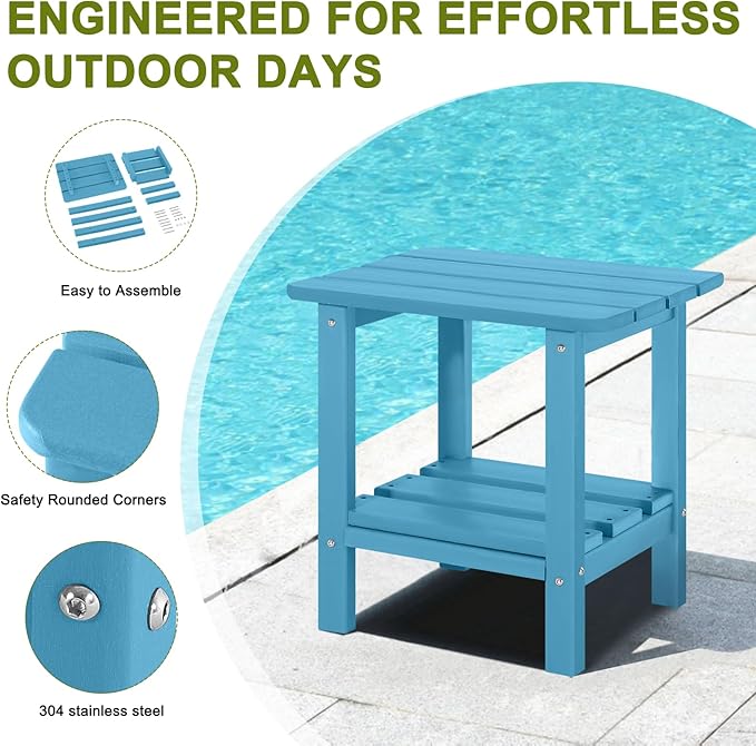 Set of 2 Outdoor Side Table, 2-Tier Small Patio End Table, Weather Resistant HDPE Adirondack Outdoor End Tables for Garden, Lawn, Pool, Beach, Porch, Deck, Backyard - Square, Turquoise