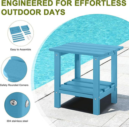 Set of 2 Outdoor Side Table, 2-Tier Small Patio End Table, Weather Resistant HDPE Adirondack Outdoor End Tables for Garden, Lawn, Pool, Beach, Porch, Deck, Backyard - Square, Turquoise