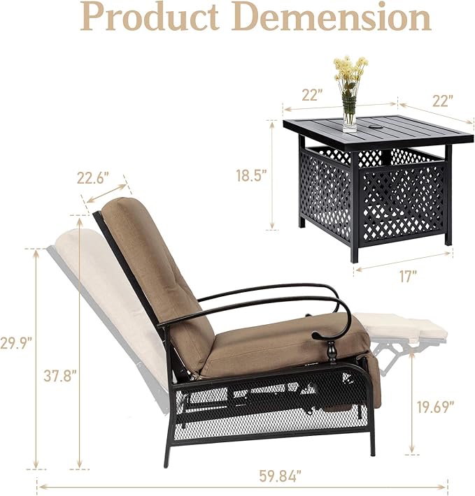SUNCROWN Outdoor Recliner Chair Patio Adjustable Recliner Chair and Side Bistro Table with Umbrella Hole, Brown - Photo 6