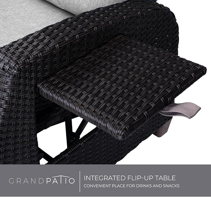 Grand patio Outdoor Recliner Chair Patio 150° Lay Flat Recliner with Flip Table Wicker Reclining Lounge Chair, Griege - Photo 5
