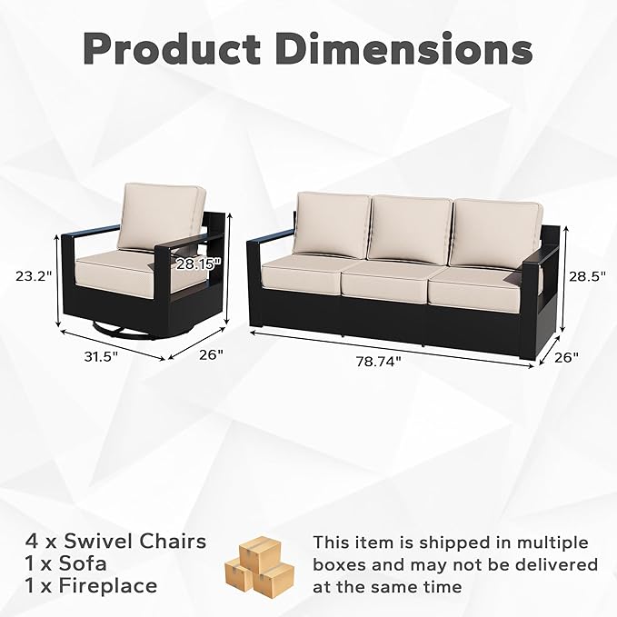 Outdoor Aluminum Furniture Set, 5-Piece Patio Conversation Set, 4 Swivel Chairs, 1 Sofa and 1 Fireplace - Photo 2