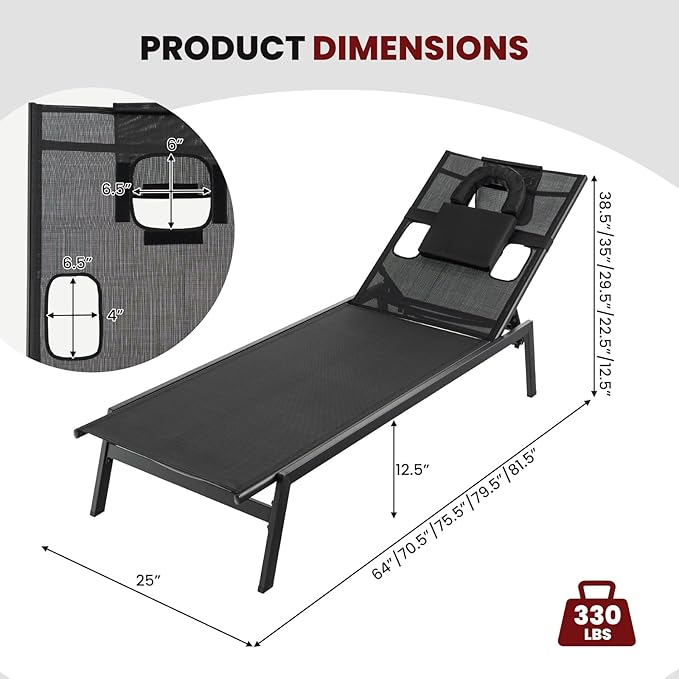 Giantex Patio Chaise Lounge Chair - Outdoor Lounge Chaise with Face Hole, Detachable Head Pillows - Photo 3