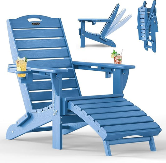 Folding Adirondack Chair with Retractable Ottoman Weather Resistant Fire Pit Chair Patio Chair with 2 Cup Holder Lawn Outdoor Lounge Chair (Navy Blue)