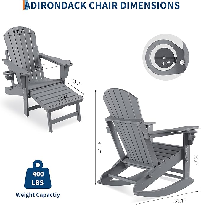 Rocking Adirondack Chairs Set of 2, Folding Adirondack Rocking Chair With Footrest, Adirondack RockingChair Outdoor With Retractable Ottoman and Cup Holder