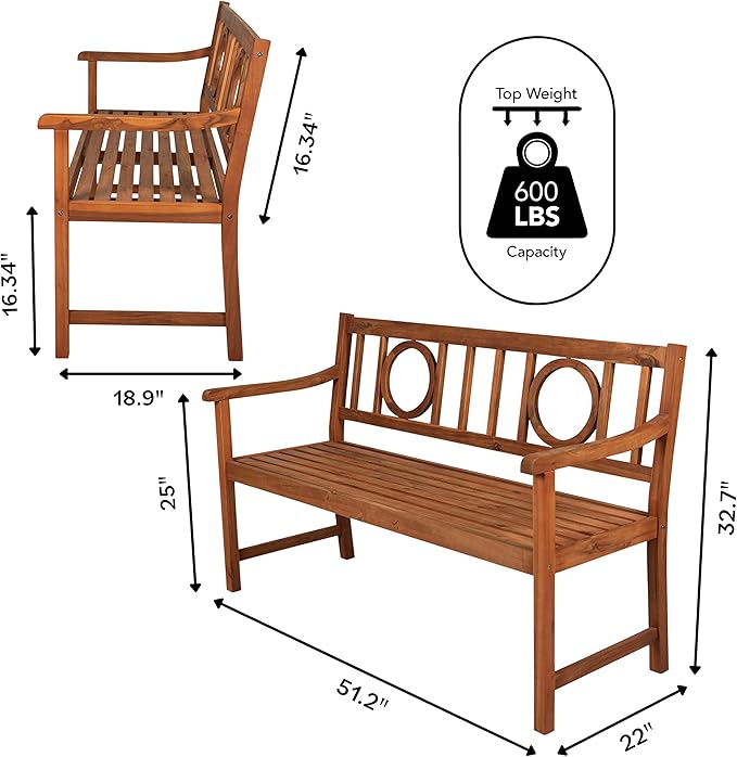 Eyely HNB104A Giana 51.2" 3-Seat Circle-Back 600-Lbs Support Acacia Wood Outdoor Garden Patio Bench for Garden, Lawn, Backyard, Pool, Deck, Beach, Firepit, Teak