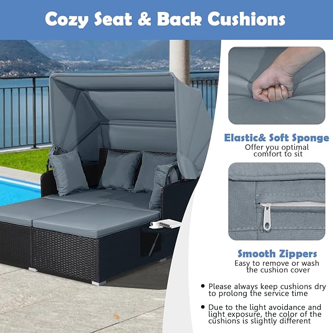 LDAILY Moccha Outdoor Daybed with Retractable Canopy, Wicker Cabana with 2 Side Tables & Soft Cushions,Hand-Woven PE Rattan Bed Lounger, Patio Sectional Furniture Set for Garden Backyard Porch (Grey)