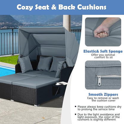 LDAILY Moccha Outdoor Daybed with Retractable Canopy, Wicker Cabana with 2 Side Tables & Soft Cushions,Hand-Woven PE Rattan Bed Lounger, Patio Sectional Furniture Set for Garden Backyard Porch (Grey)
