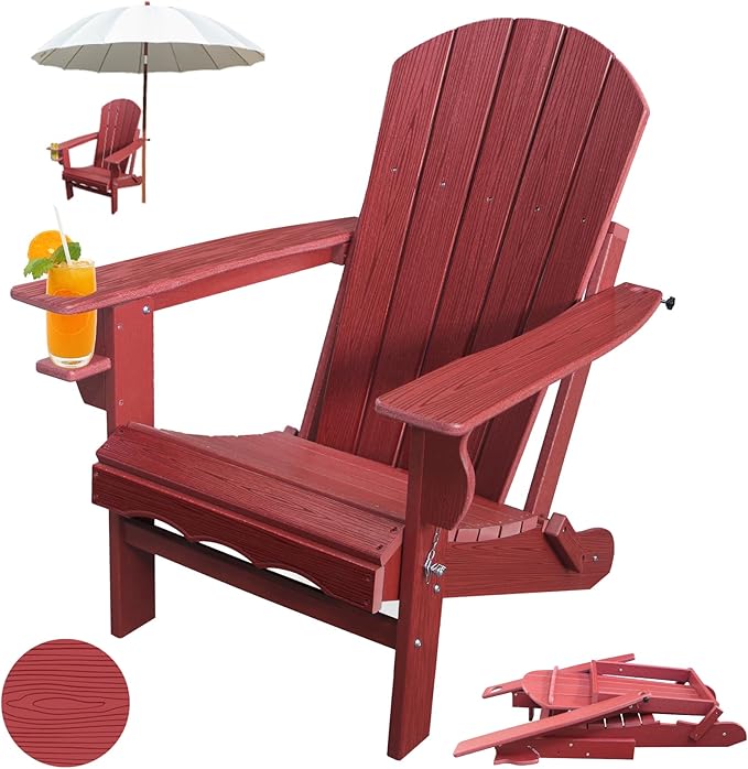 Folding Adirondack Patio Chairs, HDPE Fire Pit Chairs Weather Resistant, Outdoor Adirondack Chair with Cup Holder and Umbrella Hole, Wood Texture, Dark Red