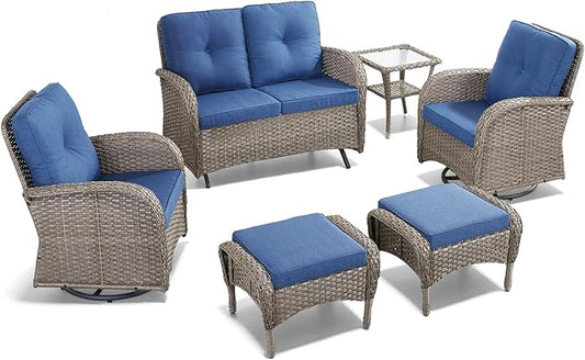 6 Pieces Patio Wicker Furniture Set-Outdoor Swivel Chairs Set of 2 Outdoor Glider Love seat with Outdoor Footstool Patio Furniture for Deck Porch Garden Balcony Poolside-Grey/Blue