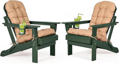 nalone Folding Adirondack Chairs Set of 2 with Cushion with Cup Holder, HDPE Plastic Oversized Patio Chair Weather Resistant, Used in Outdoor, Fire Pit, Deck, Garden, Campfire Chairs (Green)