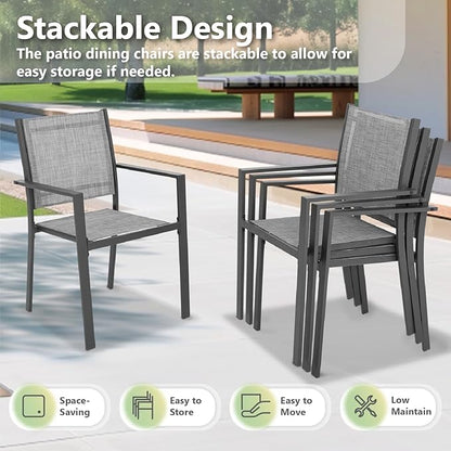 Patio Dining Chairs, All-Weather High-Resilience Textilene Outdoor Dining Chair Set of 4, Heavy-Duty Stackable Minimalist Outdoor Chairs with Armrest, Patio Chairs for Lawn Deck Pool, Grey